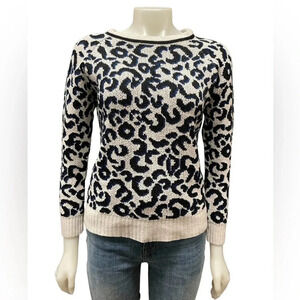 John + Jenn Angora Blue  Leopard Print Crew Neck Sweater Size Medium